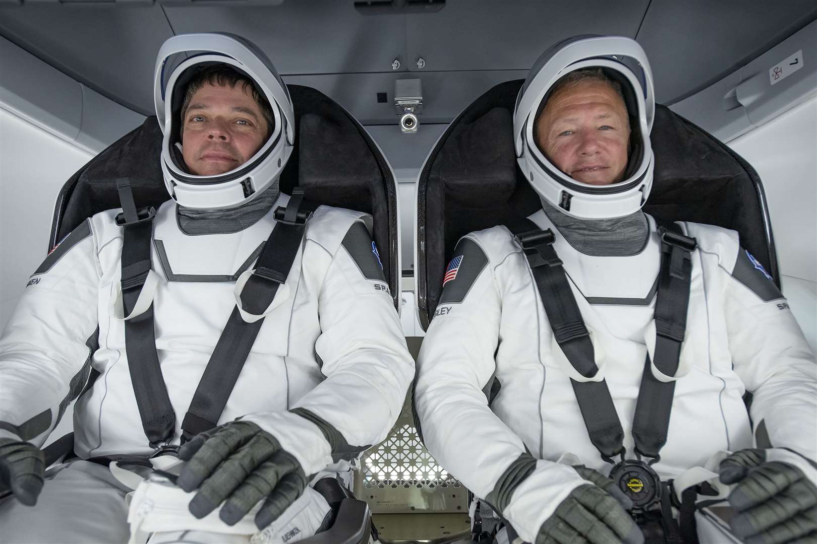 Nasa astronauts Bob Behnken and Doug Hurley in their spacesuits designed by SpaceX (SpaceX/Nasa)