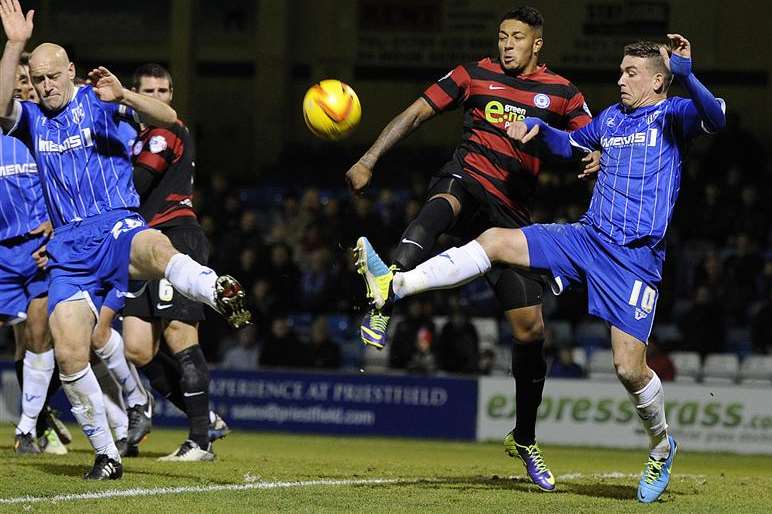 Adam Barrett and Cody McDonald challenge for the ball Pic: Barry Goodwin