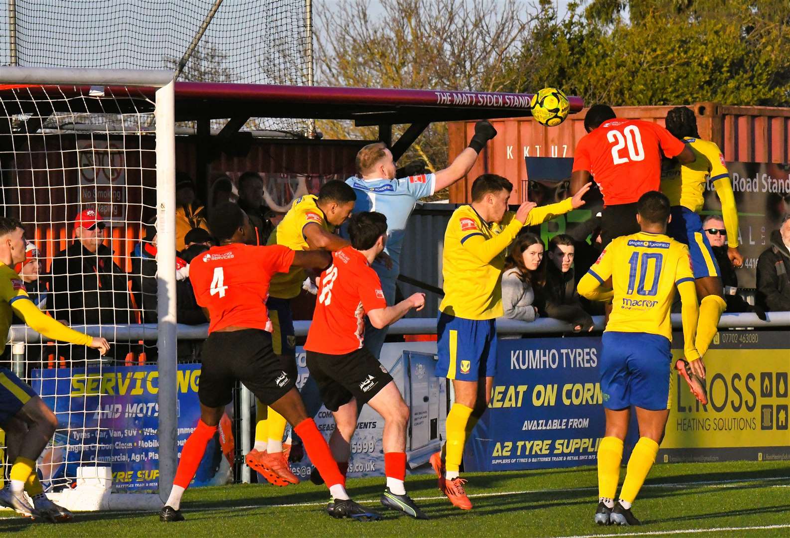 Sheppey United (red) battle against Lancing in Isthmian South East Pictures: Marc Richards