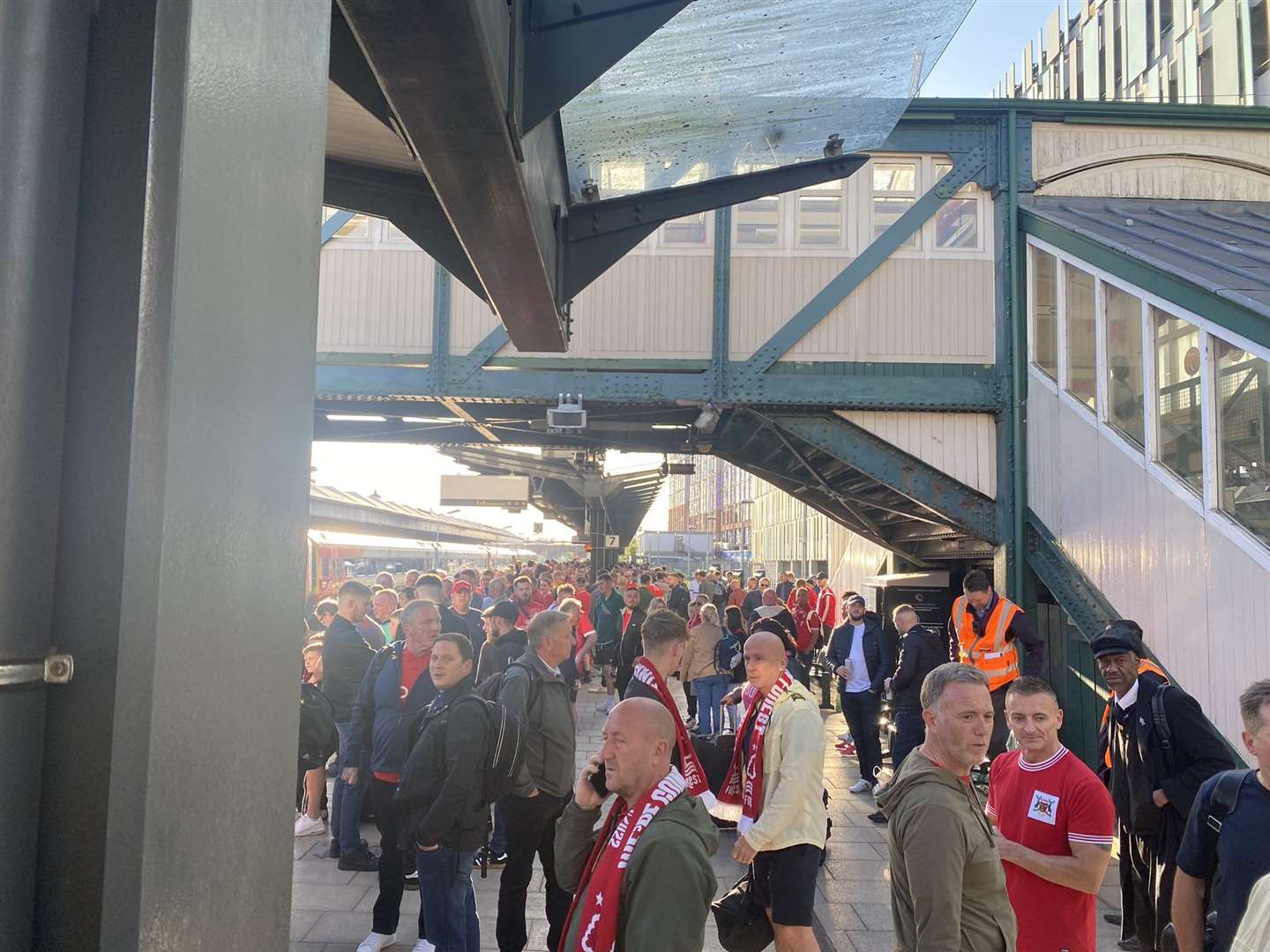 Hundreds of football fans were stuck queuing near Nottingham railway station as they struggled to get to London for the Championship play-off final (@andyrt1975/PA)