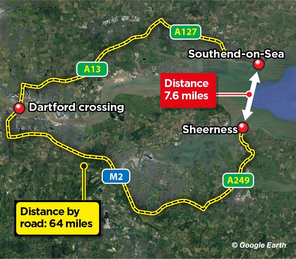 Sheerness to Southend 'as the crow flies' and how the rest of us need to take. KM Graphics