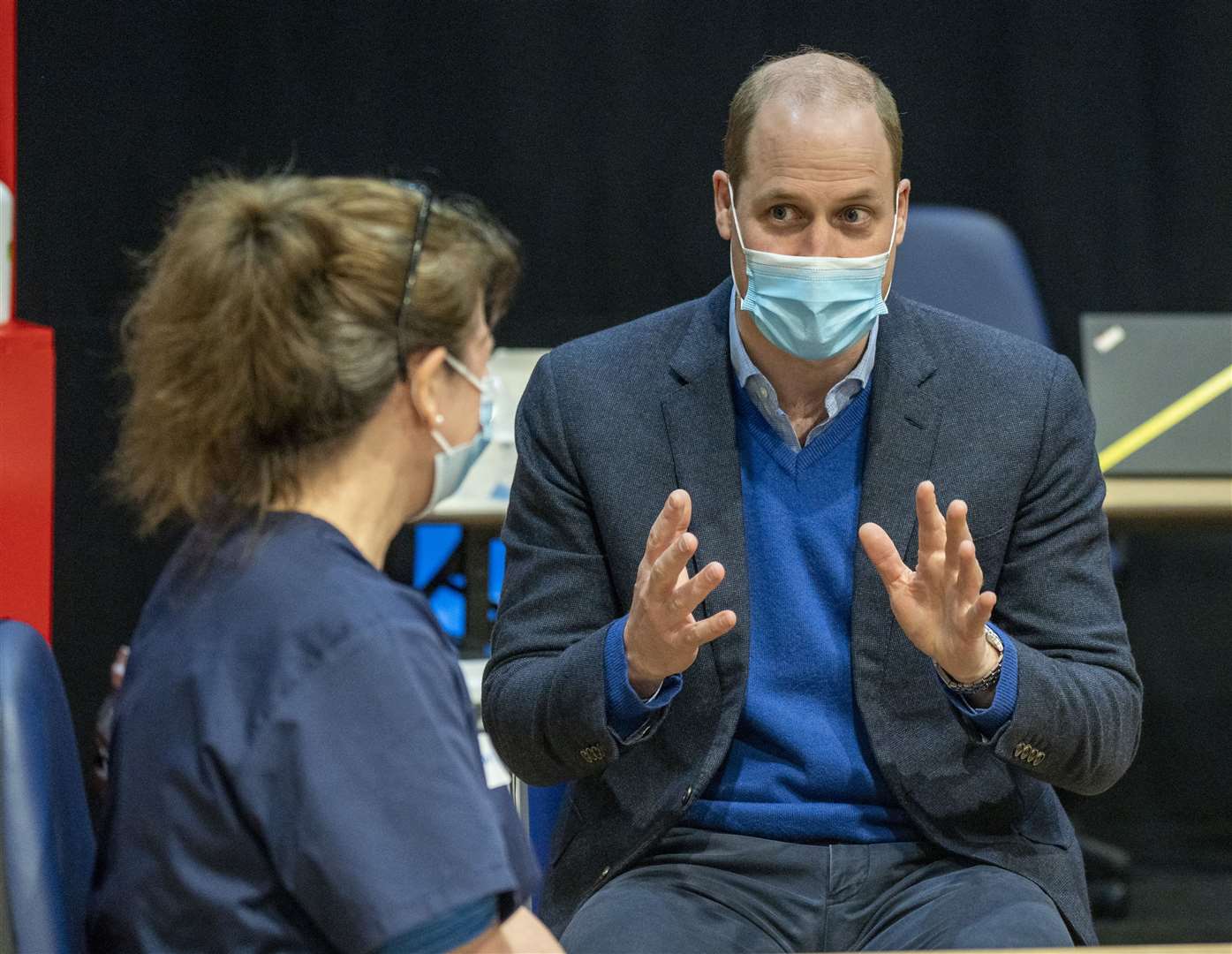 William chats to a member of the team at the King’s Lynn Corn Exchange vaccination centre (Arthur Edwards/The Sun/PA)