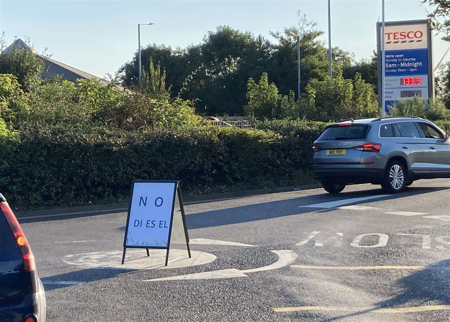 A sign informing drivers that the Tesco service station in Bridge Road, Sheppey, had run out of diesel