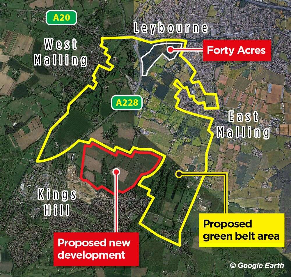 This map shows the hoped-for extension of the green belt between East Malling and surrounding towns and villages