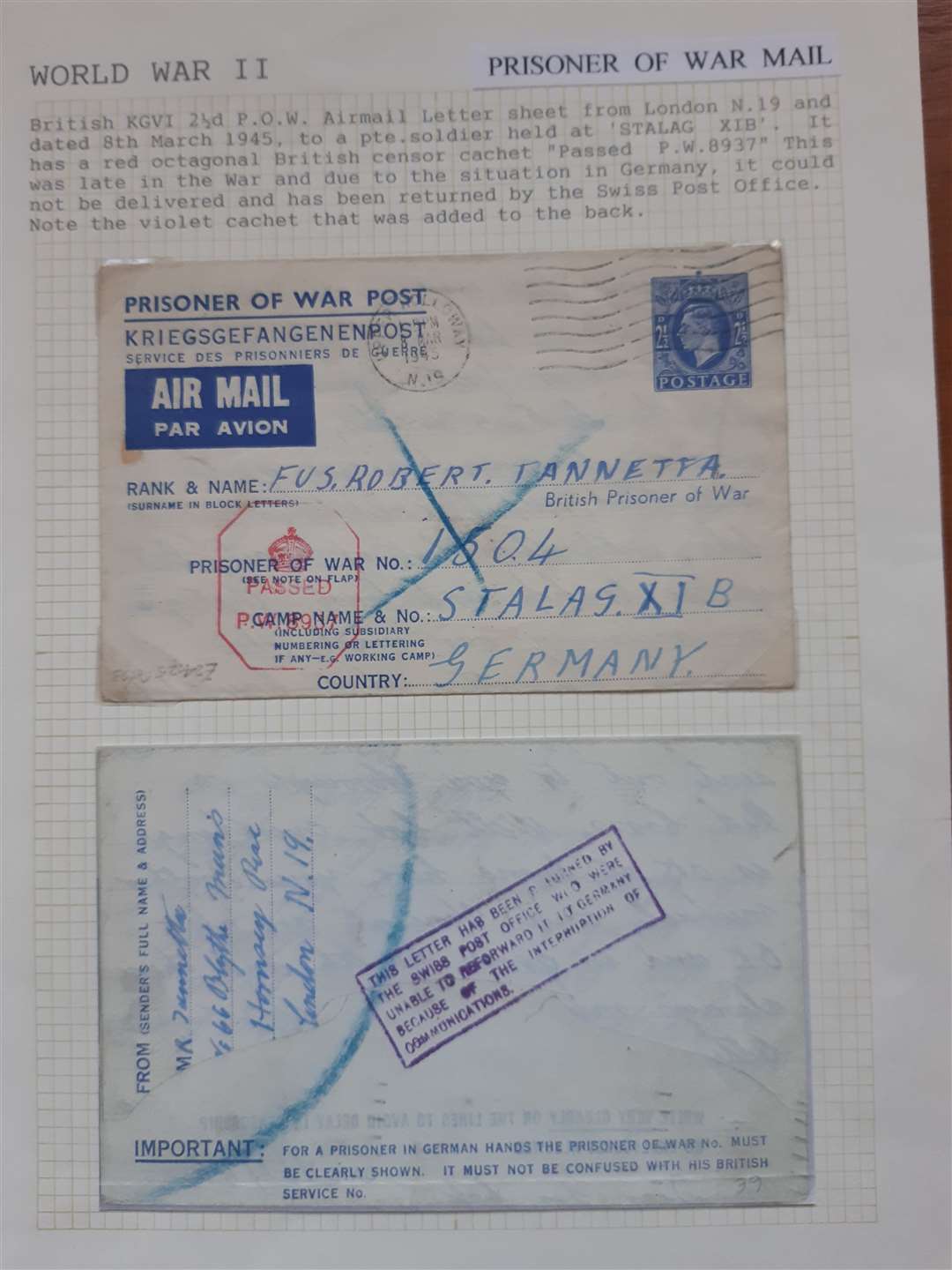 Airmail letter to a British PoW Robert Tannetta at Stalag XIB from the Second World War (58631173)