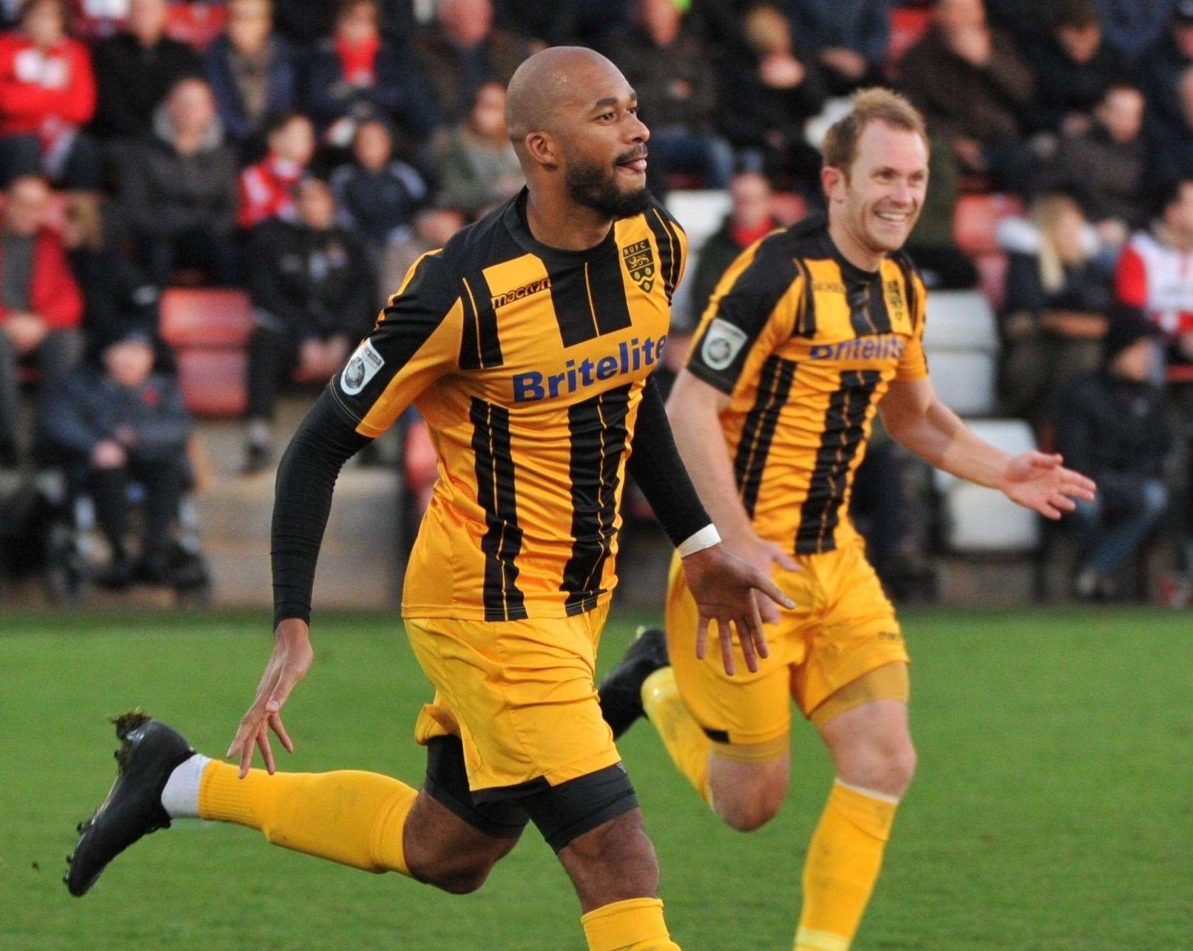 Delano Sam-Yorke celebrates his second goal in Maidstone's FA Cup win at Chelmsford in 2017 Picture: Steve Terrell