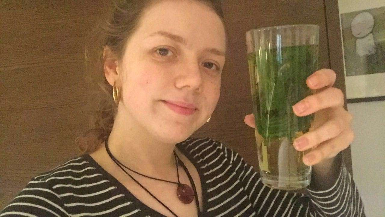 Me with a glassful of fresh nettle tea - cheers