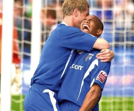 Simeon Jackson celebrates the opening goal with strike partner Gary Mulligan. Picture: Grant Falvey