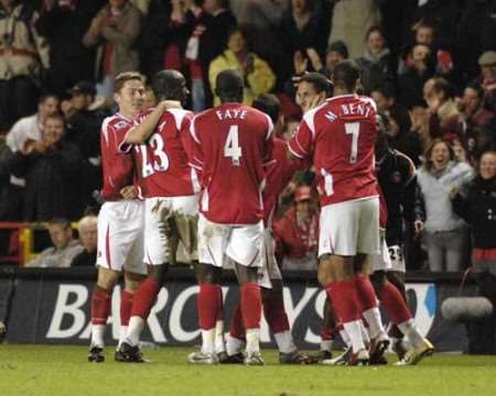 Charlton's players celebrate Talal El Karkouri's winner. Picture: ANDY PAYTON