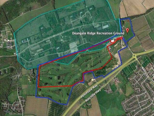 The application area (red line) and the survey area (blue line) at Deangate Ridge, Hoo, and the approximate location of Chattenden Woods and Lodge Hill SSSI