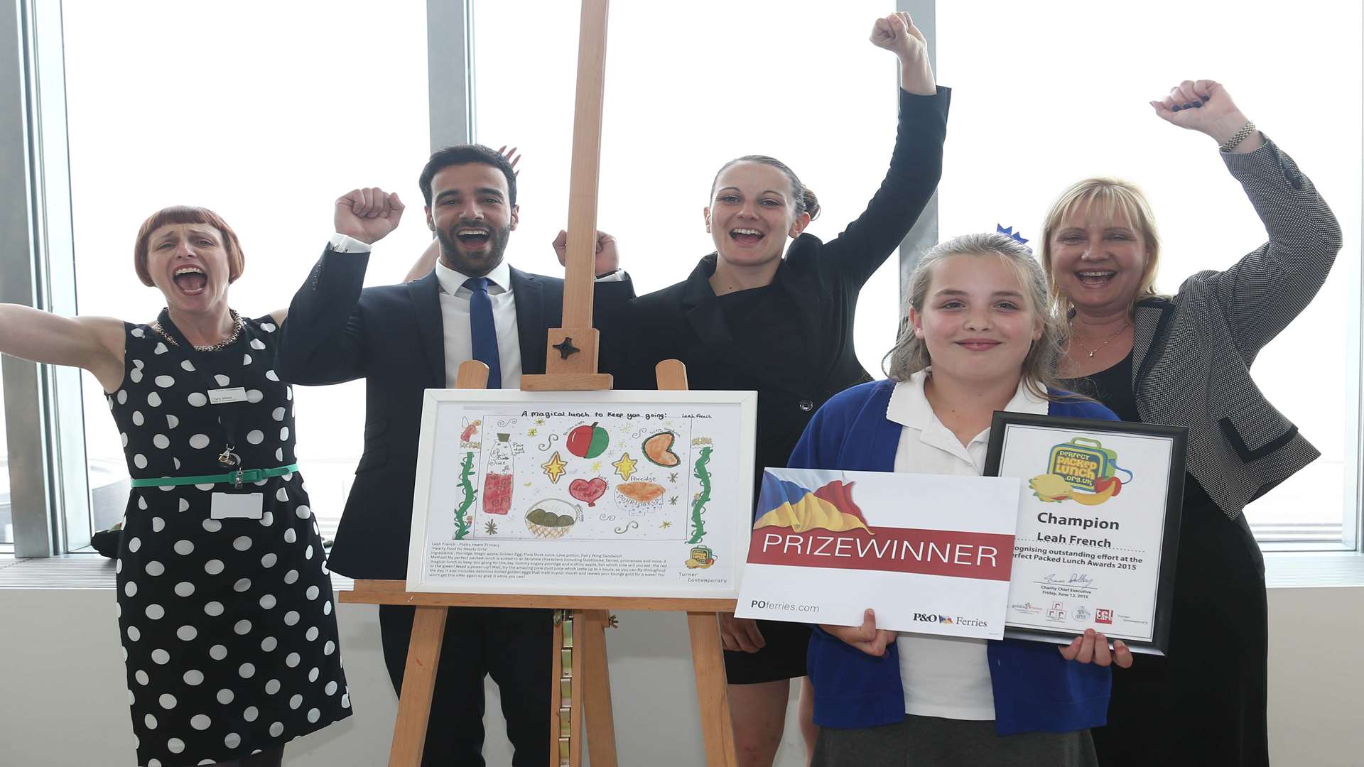 Perfect Packed Lunch 2015 overall winner Leah French from Platts Heath Primary, Maidstone with supporters from Three R's Teacher Recruitment, Telcare and Art Projects For Schools.