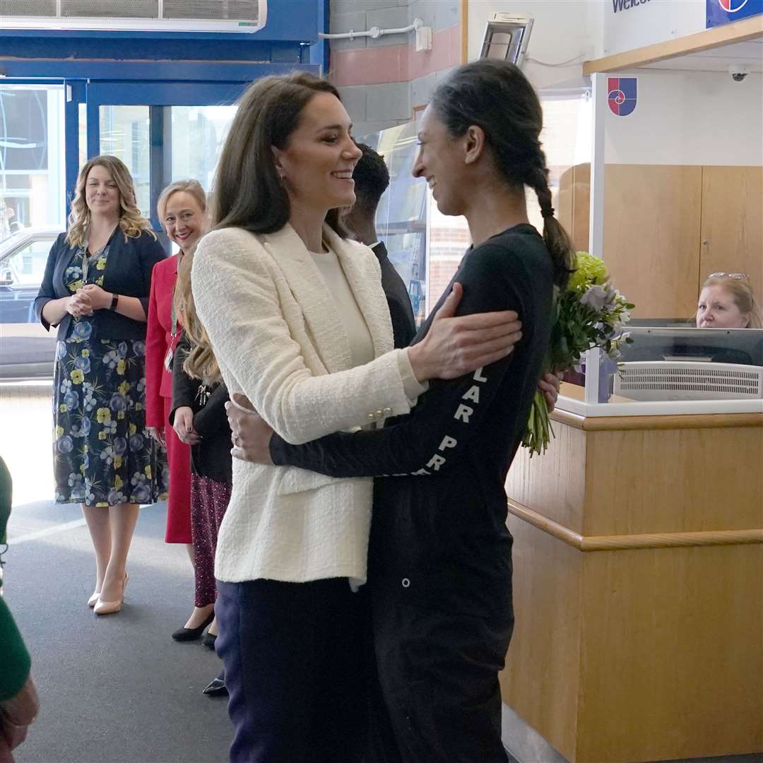 The Princess of Wales (left) greets Captain Preet Chandi during a visit to Landau Forte College (Arthur Edwards/The Sun)