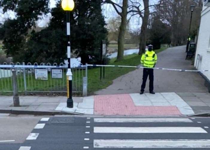 A police cordon is in place along the river in Sandwich as part of the police investigation into the death of Sarah Everard