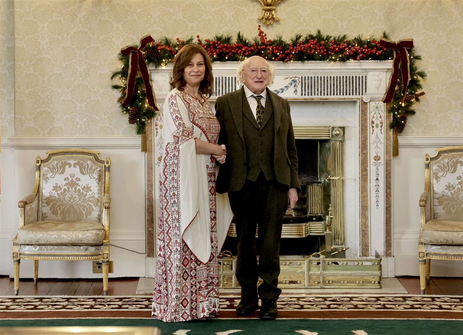 Irish President Michael D Higgins with the Republic of Ireland’s first full ambassador from the State of Palestine, Dr Jilan Wahba Abdalmajid (Tony Maxwell/PA)