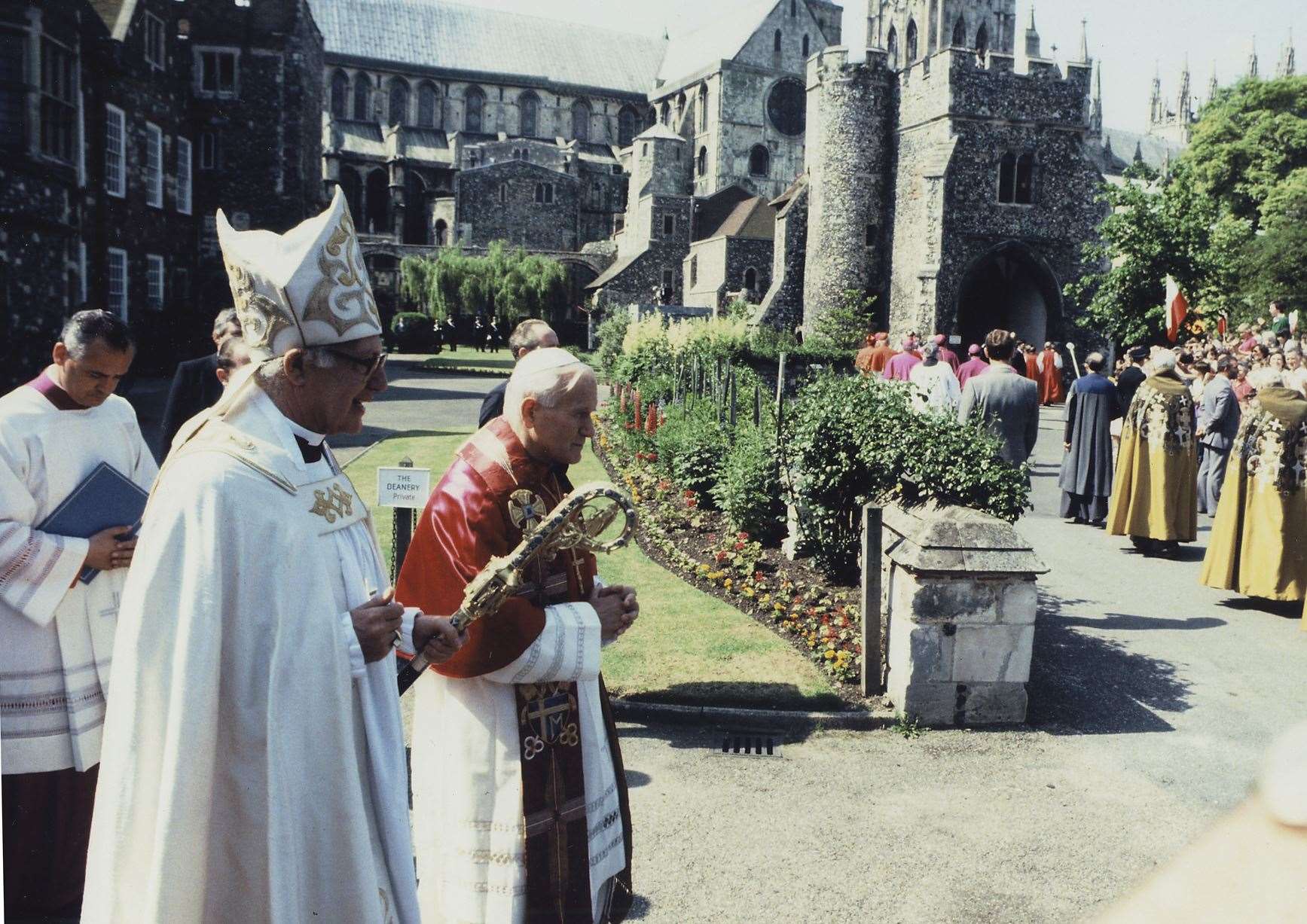 The Pope, escorted by the then Archbishop of Canterbury, Dr Robert Runcie, when he visited Canterbury Cathedral in 1982