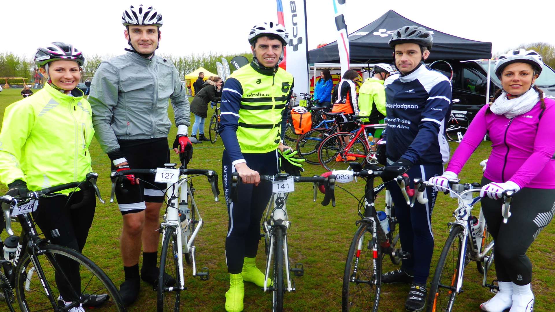 Burgess Hodgson Canterbury 50K riders Leanne Skelton, Tom Sandifer, Alex Baker, Tom Saltmer and Selena Russell at the KM Big Bike Ride 2015 on Sunday, April 26.