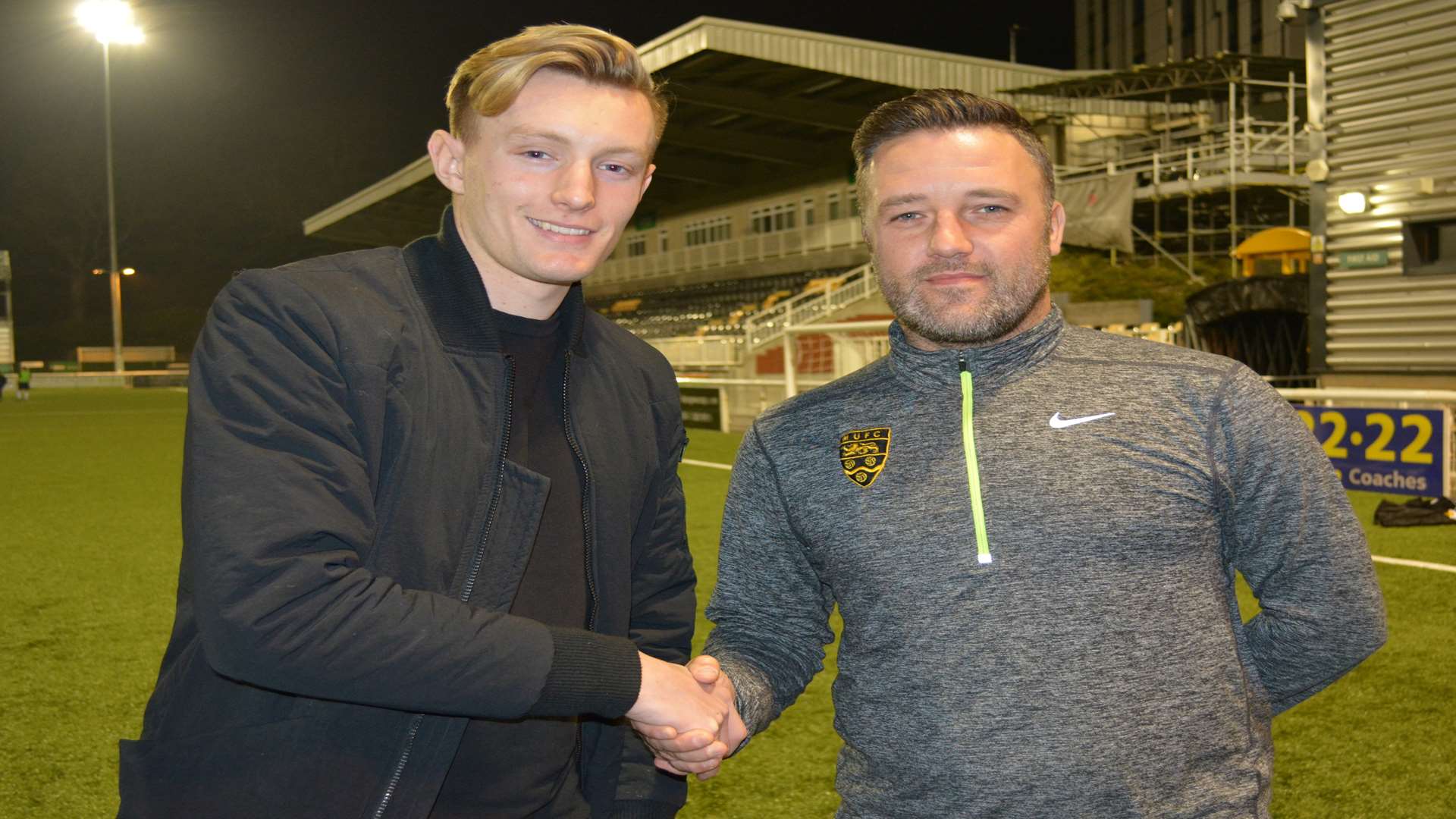 New signing Joe Pigott with Maidstone boss Jay Saunders