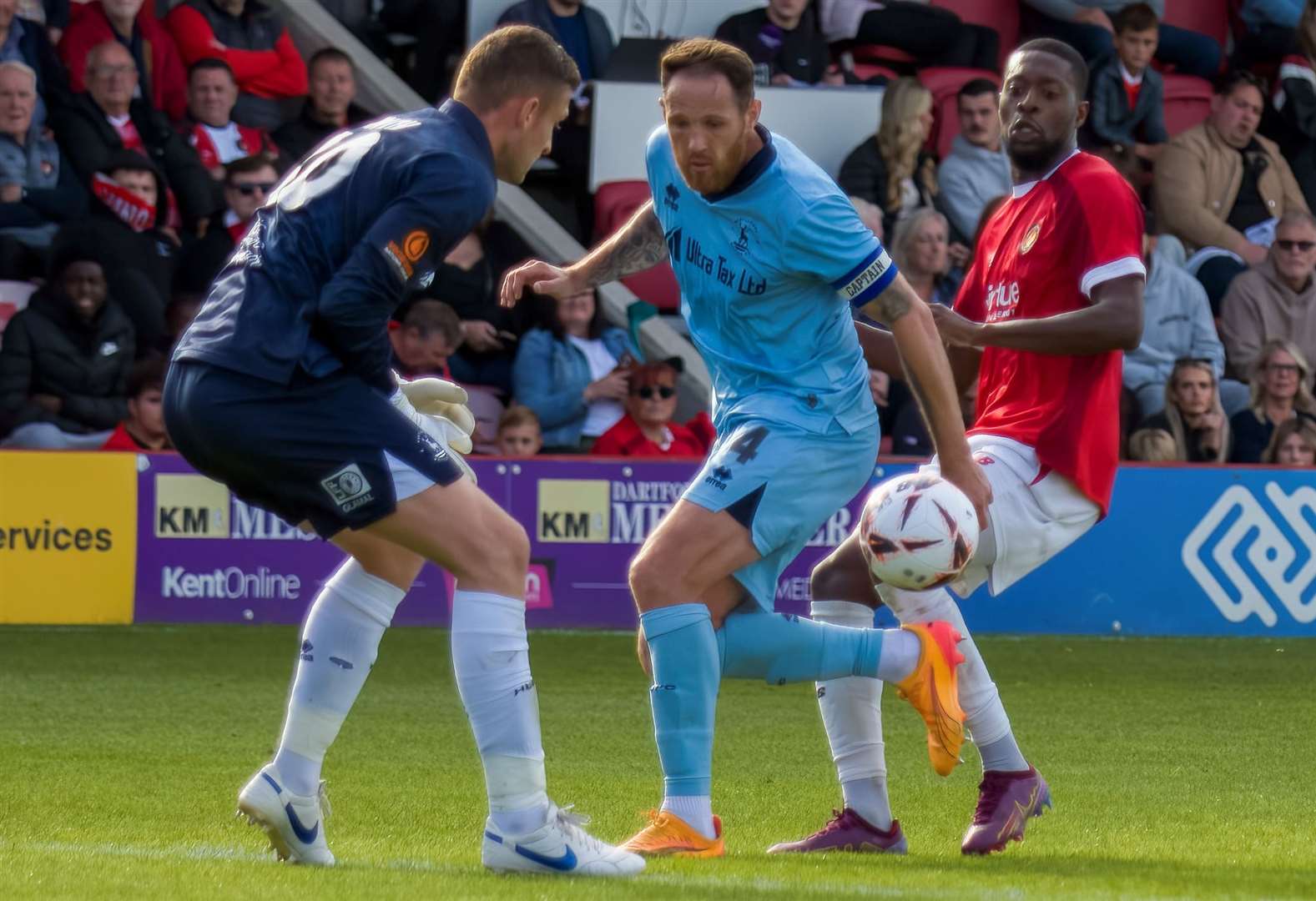 Fleet striker Rakish Bingham puts the Hartlepool defence under pressure on Saturday. Picture: Ed Miller/EUFC