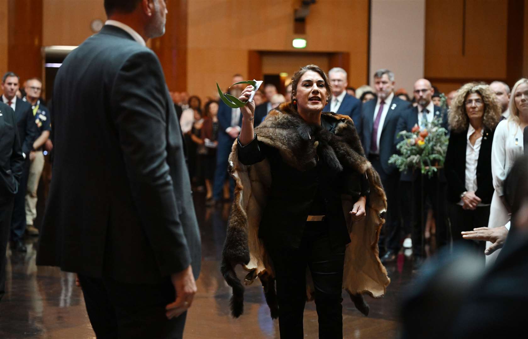 Australian senator Lidia Thorpe protests during the ceremonial welcome to Australia for the King (Victoria Jones/PA)