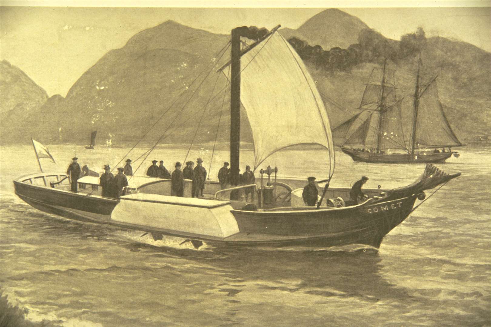 An illustration shows the Comet passing Dumbarton Castle on the Clyde (The Mitchell Library, Glasgow City Libraries and Archives/PA)