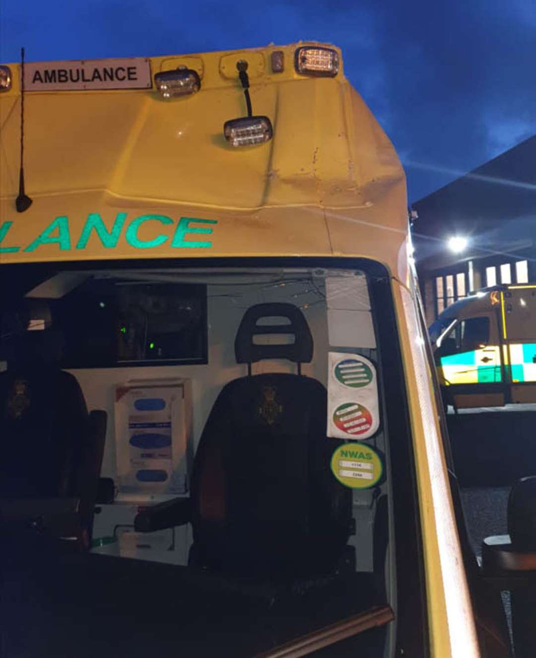 Damage caused to an ambulance on the M6 in Lancashire after a traffic cone was thrown from a motorway bridge (North West Ambulance Service/PA)