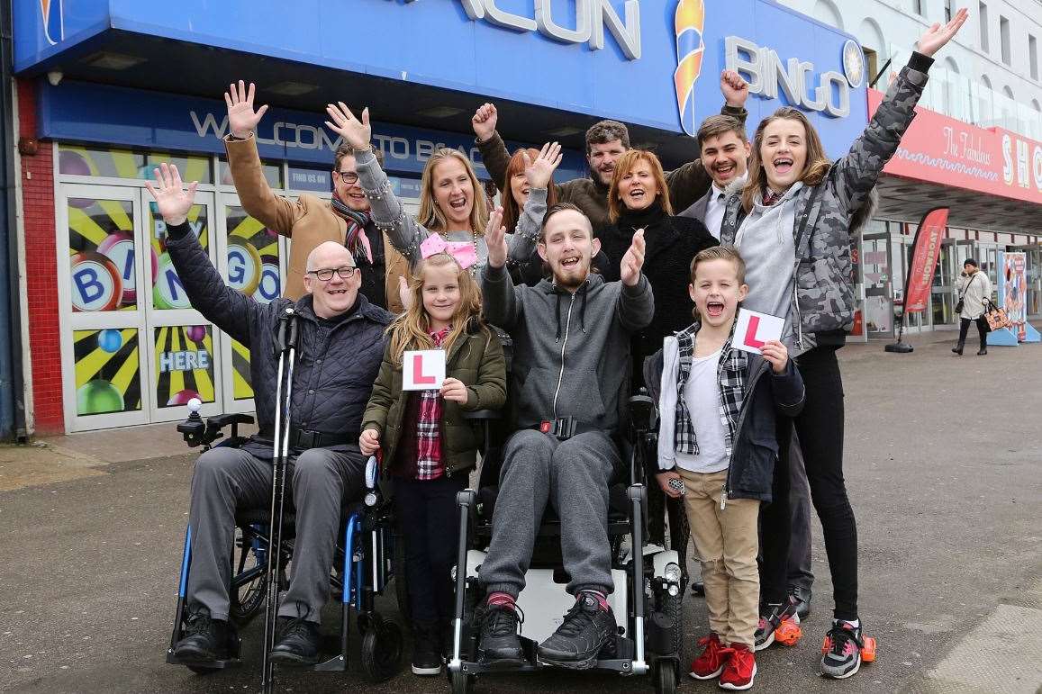 Beacon Margate staff, Linda from CHIPS charity with Callum and his family celebrating