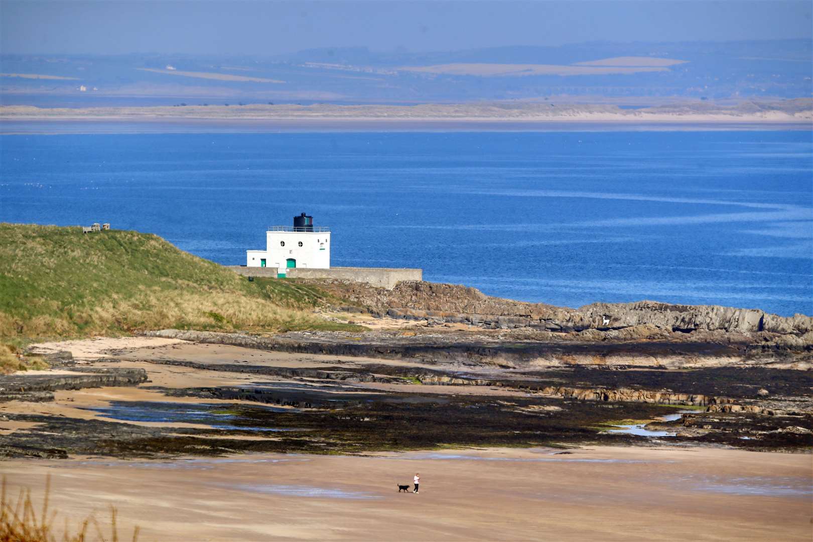 A dog walker on Bamburgh Beach (Owen Humphreys/PA)