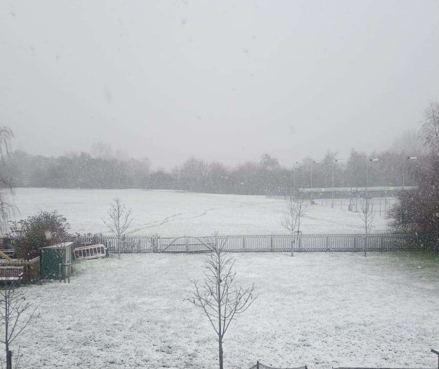Views across to Wye Tennis Club as the snow settles on the ground across much of Kent. Picture: Adam Dodd (44296862)