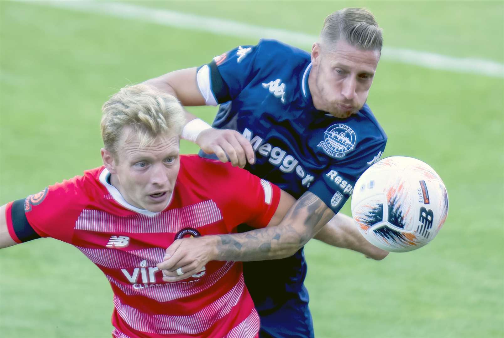 Ebbsfleet United's Josh Wright and Dover Athletic's Lee Martin during the FA Cup tie on Saturday which the Fleet won 2-0. Picture: Ed Miller / EUFC