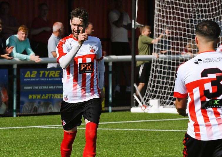 Dan Bradshaw celebrates scoring against Midhurst & Easebourne in an earlier round this season Picture: Marc Richards