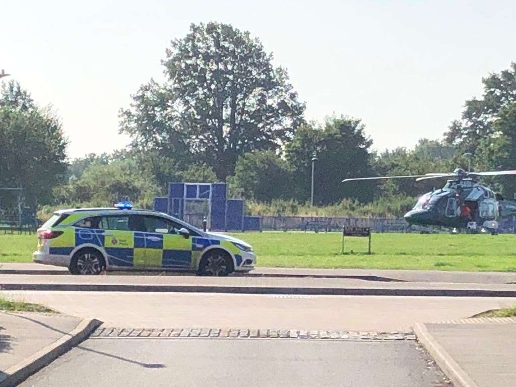 Police and an air ambulance at the Eden Village estate yesterday morning