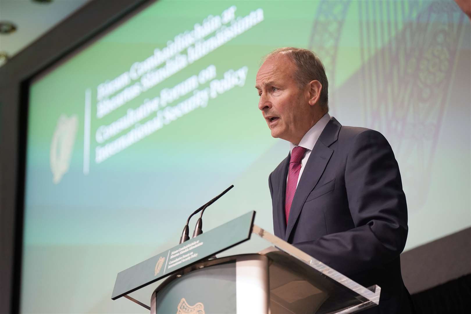 Micheal Martin speaking at the end of the fourth day of the consultative forum on international security policy (Niall Carson/PA)