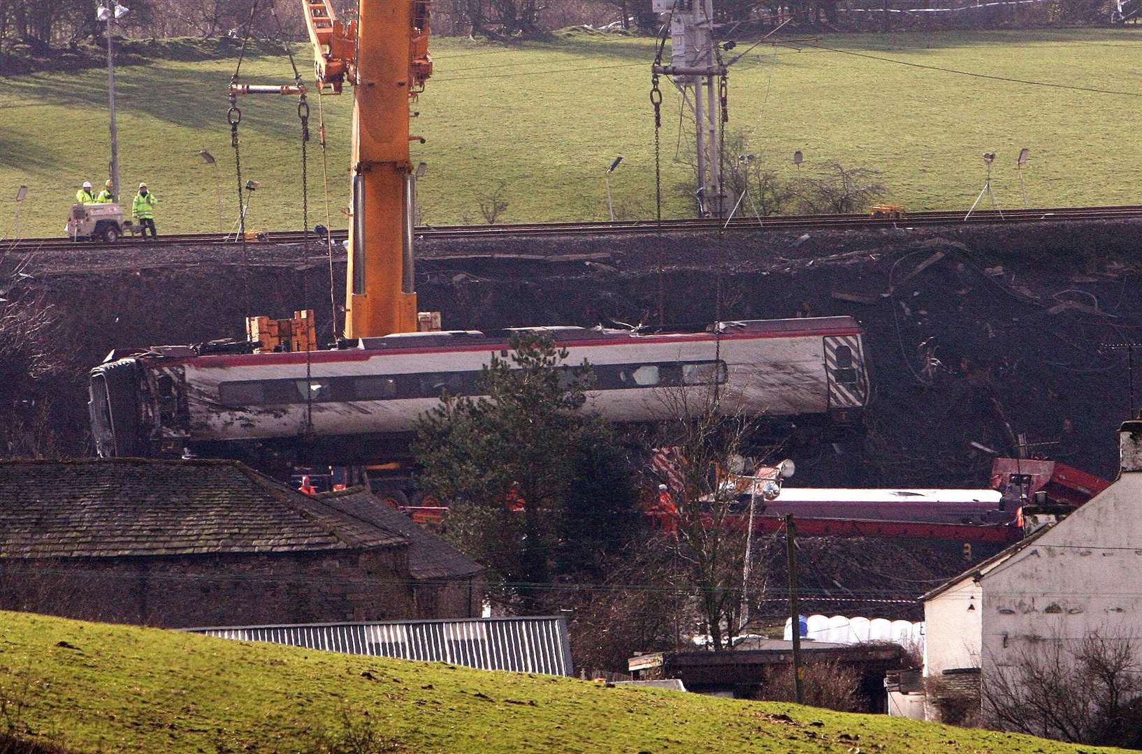 The scene of the Virgin train crash near Grayrigg in Cumbria in February 2007 (Owen Humphreys/PA)