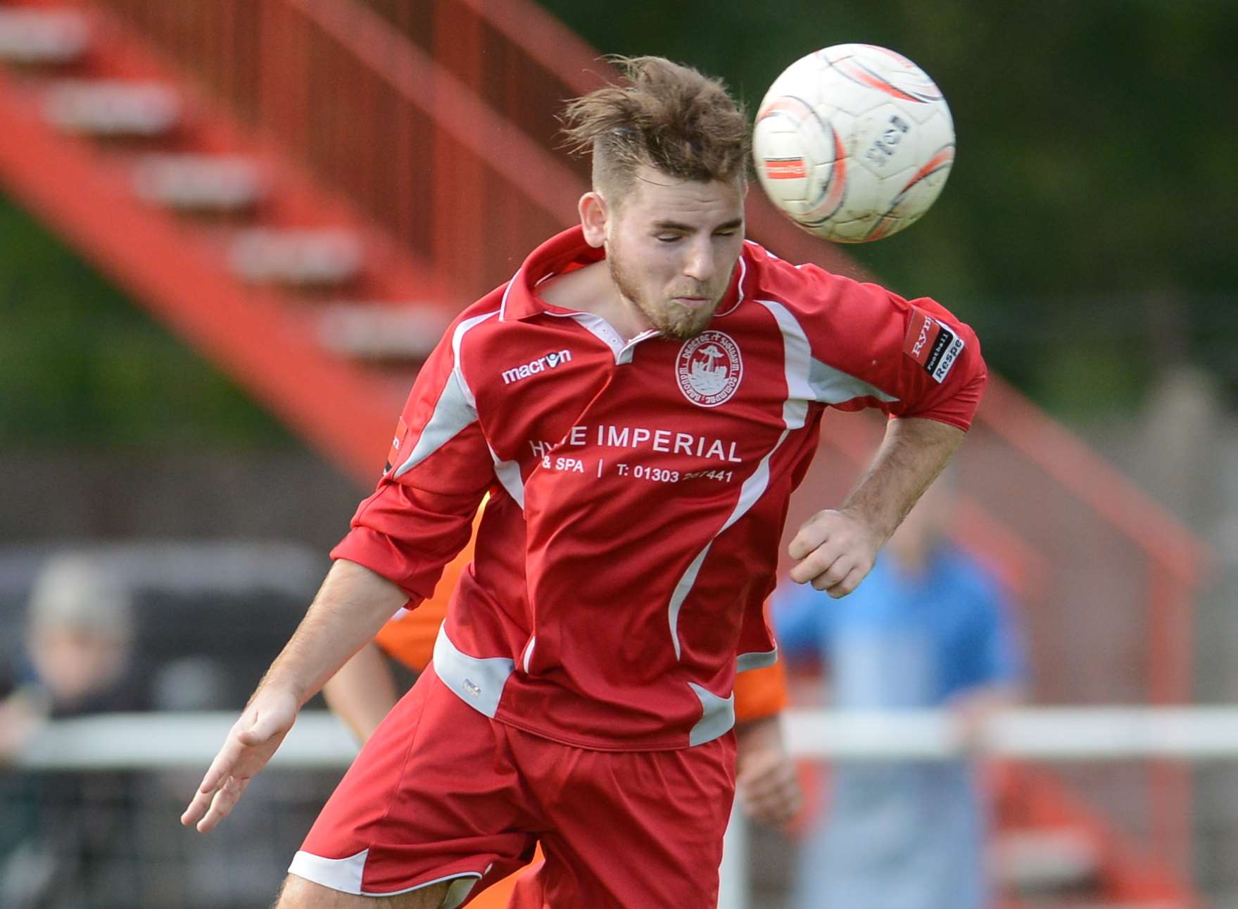 Ashley Miller gets a header in for Hythe against Maldon & Tiptree Picture: Gary Browne