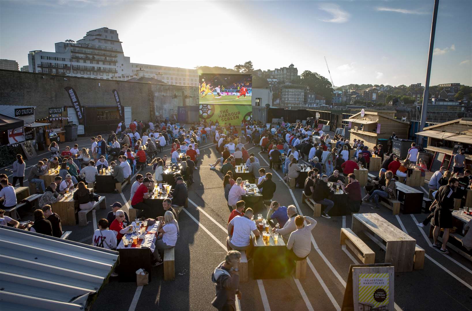 England fans watching the Euro 2020 semi final match between England and Denmark at Folkestone Harbour Arm. Picture: Andy Aitchison / Folkestone Harbour Arm