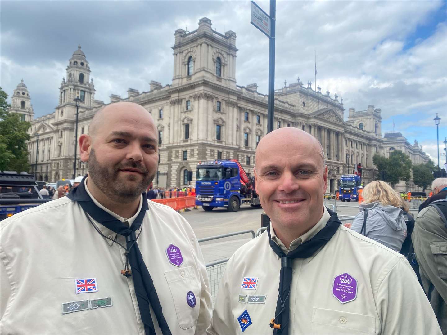 UK Chief commissioner of scouts Carl Hankinson (right) and Richard Flowerdew, head of member operations for scouts, at Westminster Hall (Nina Lloyd/PA)