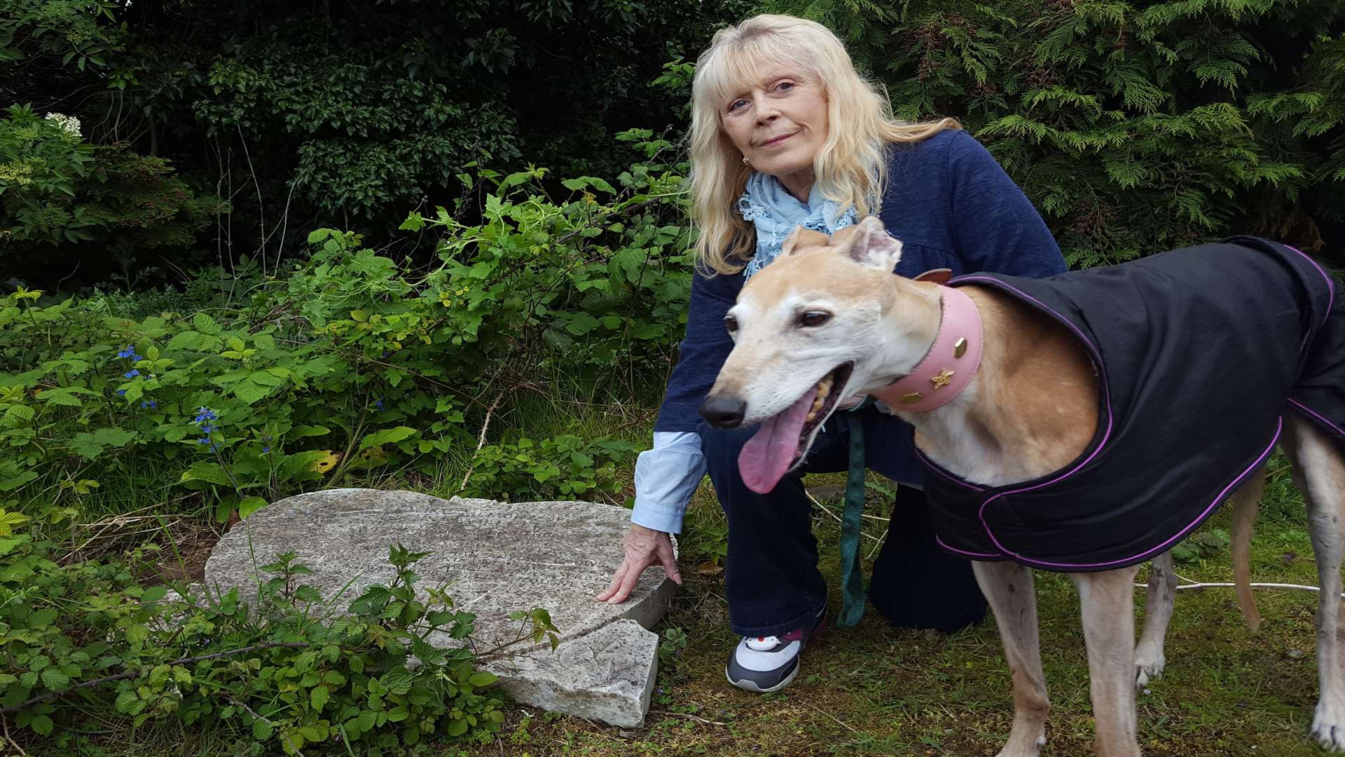 The dumped gravestone found by dog walker Pam Penfold and her dog Extra on land near the Lower Rainham Road