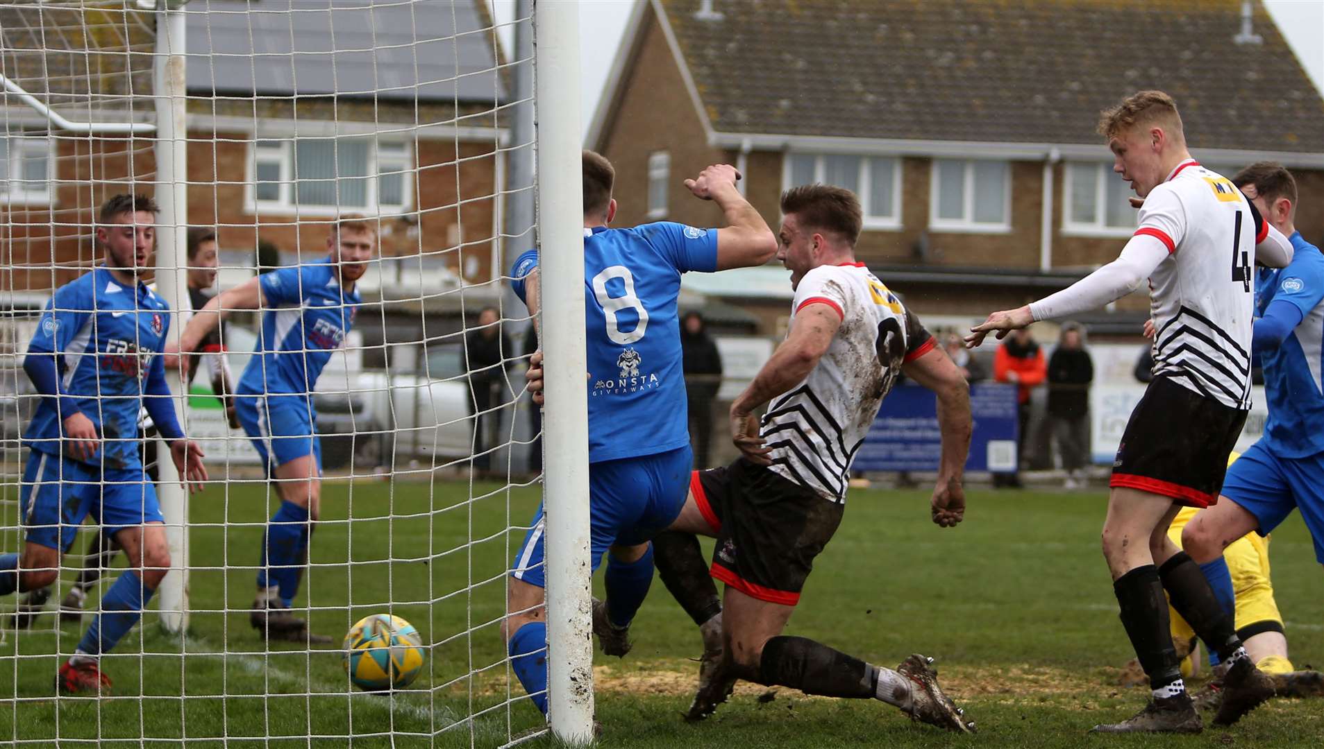 Aaron Millbank is first to react for Deal's second. Picture: Paul Willmott