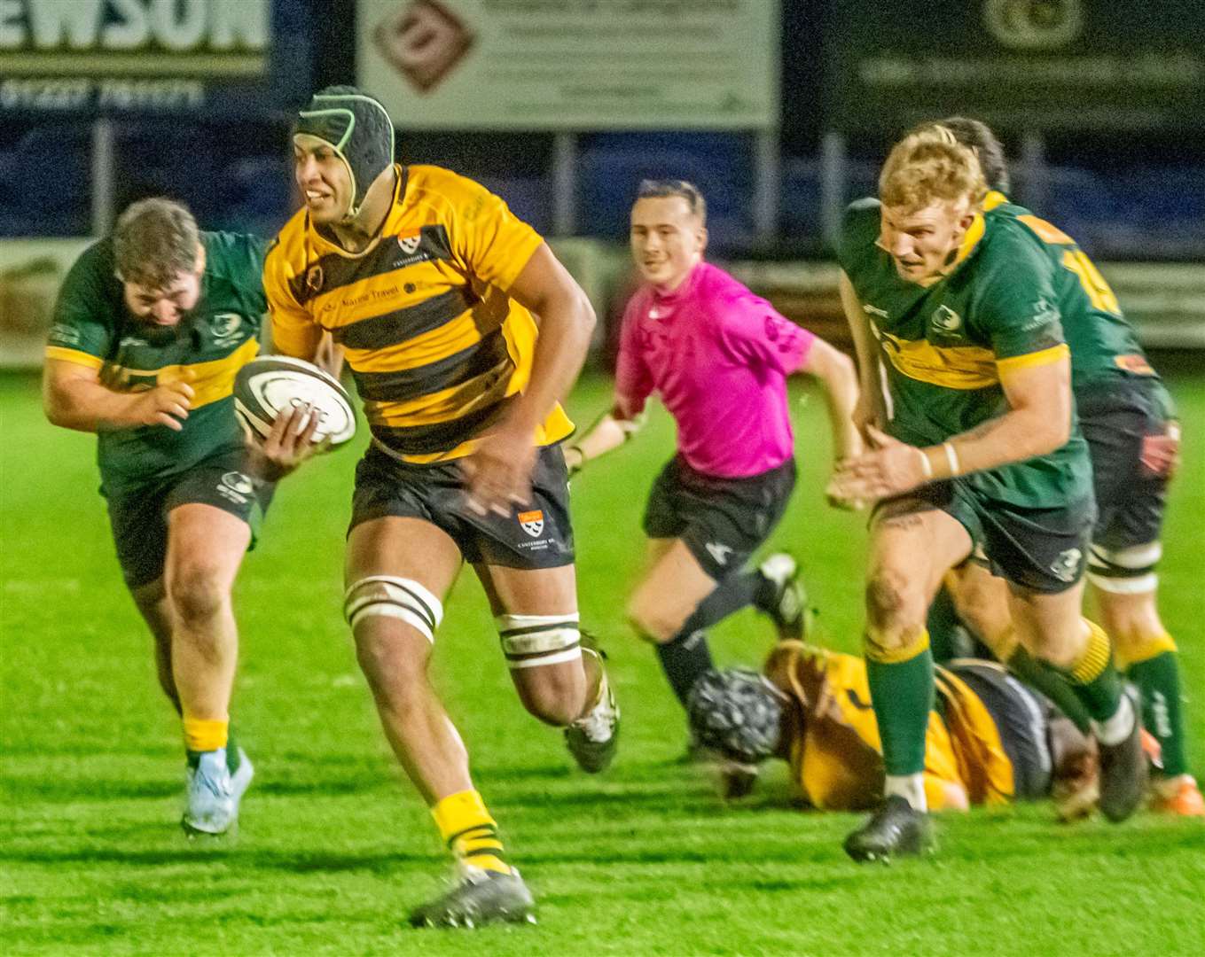 Canterbury Rugby Club’s Yannick De Mowbray on the charge against Bury St Edmunds last weekend. Picture: Phillipa Hilton