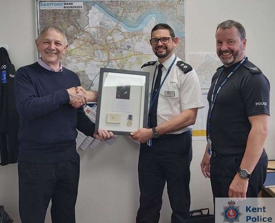 From left to right: Group representative Peter Morris, Dartford CSU Inspector Trevor Jenner and Sergeant Steve Grasty. Photo: Kent Police