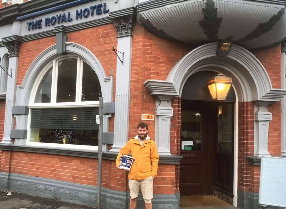 Alex outside The Royal Hotel, Sheerness, where he stayed whilst on Sheppey