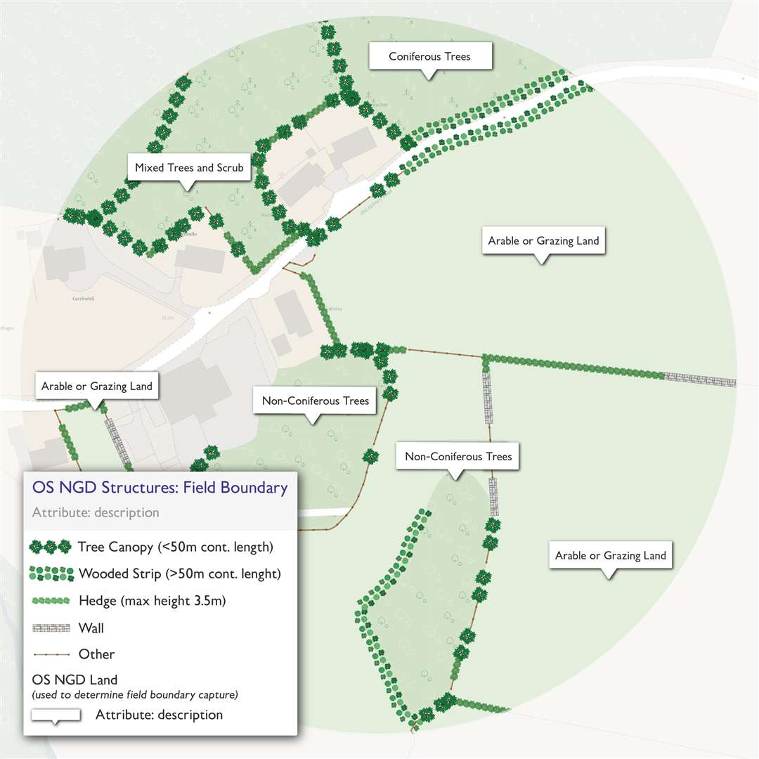 The Field Boundary data will provide details on hedgerows, trees, and man-made walls. (Ordnance Survey)