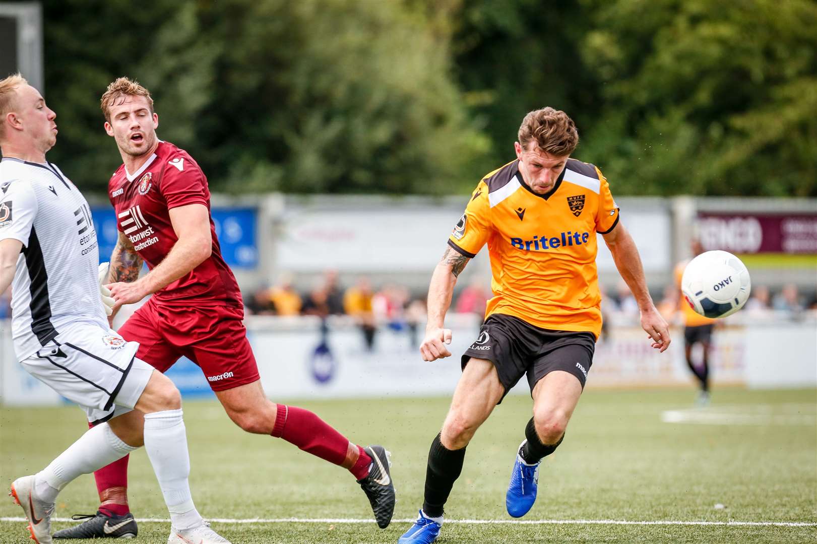 Matt McClure beats Slough keeper Jack Turner to the ball and goes on to score his first Maidstone goal Picture: Matthew Walker