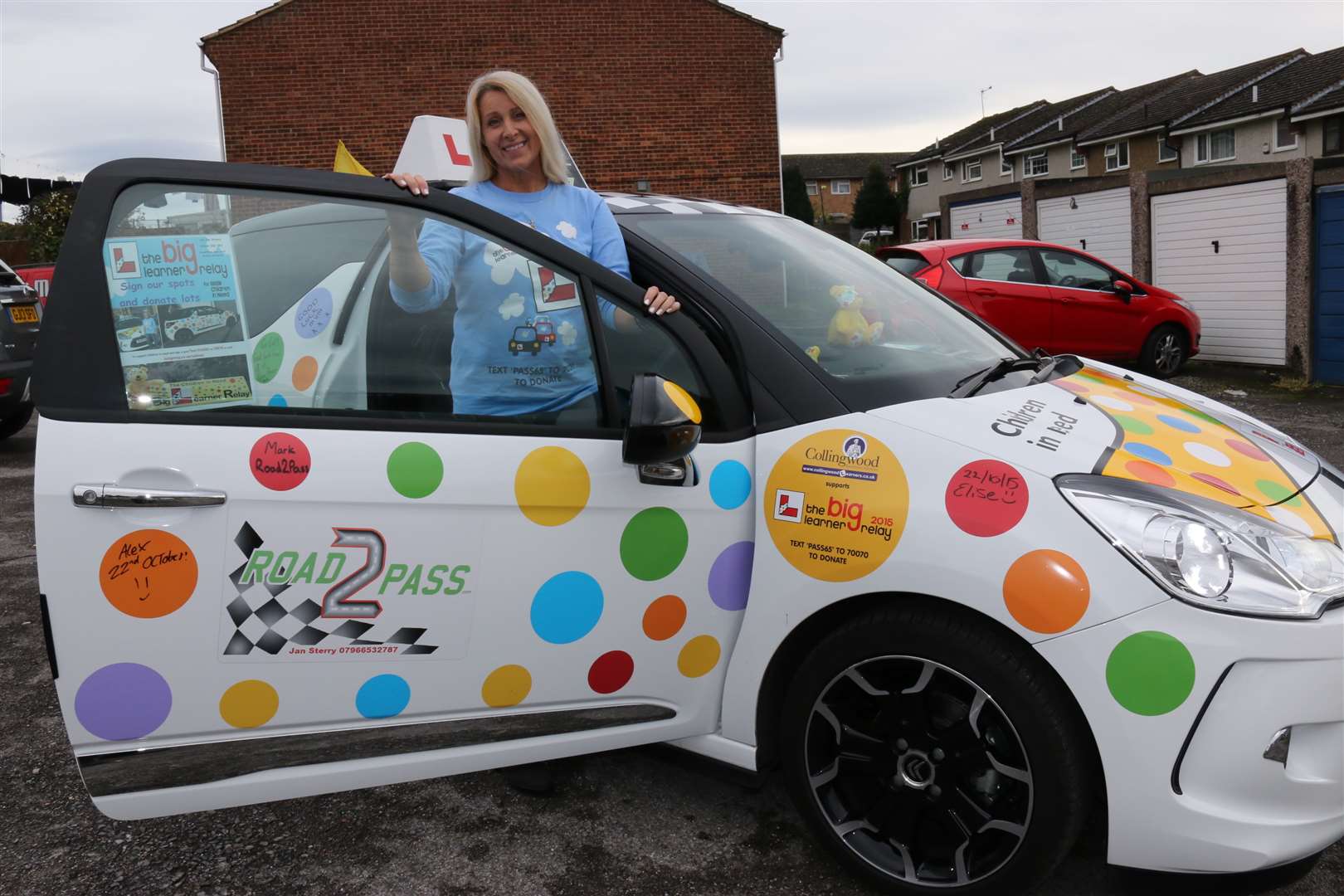 Jan Sterry stands next to her multi-coloured car