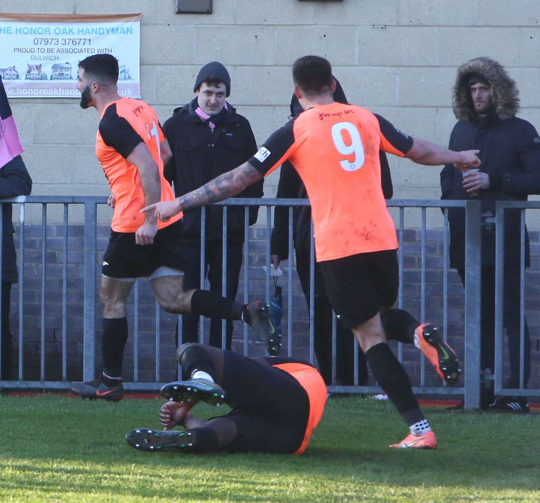 Joe Turner wheels away after scoring Tonbridge's winner at Dulwich Hamlet Picture: David Couldridge