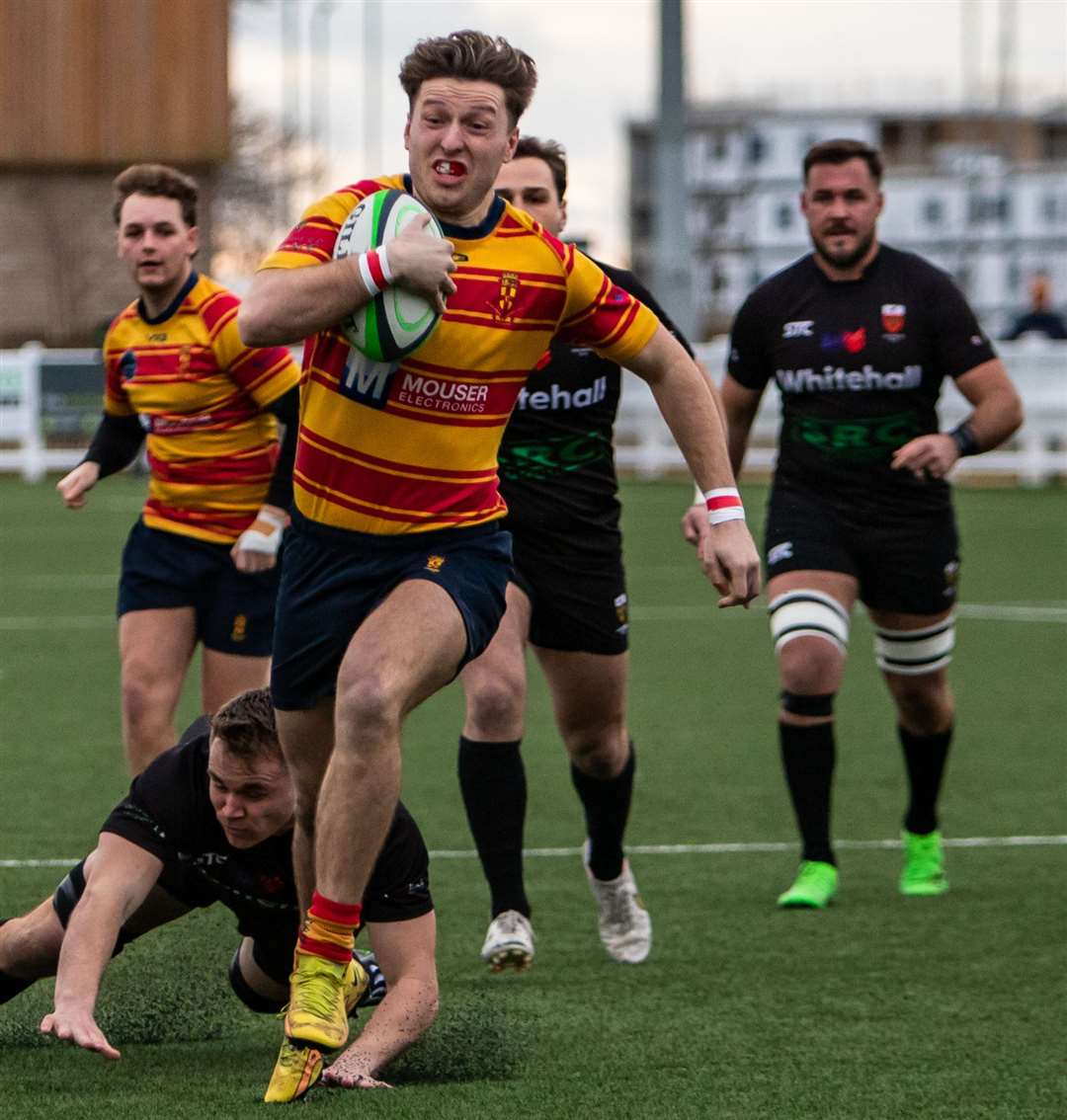 Medway's player-of-the-match Alfie Orris scores the first try against Colchester. Picture: Jake Miles Sports Photography