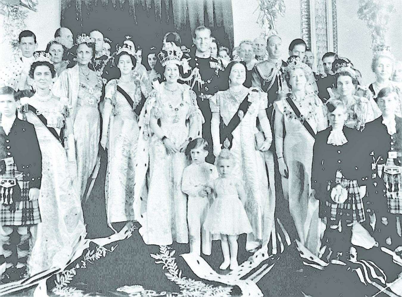 Queen Elizabeth II and the Duke of Edinburgh with son Prince Charles and daughter Princess Anne and other members of the Royal Family after the coronation ceremony at Westminster Abbey. Image: PA.