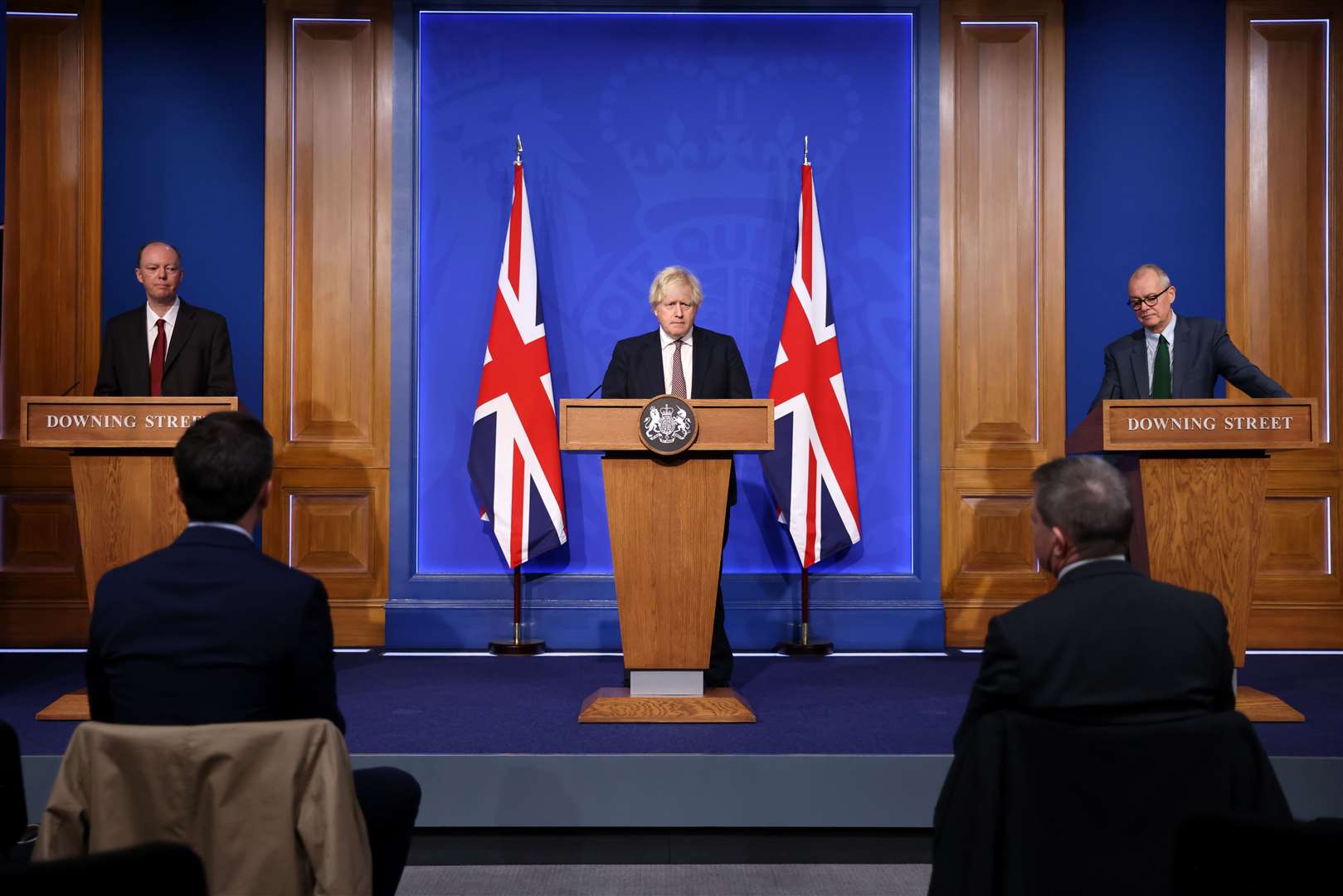 (left to right) Chief Medical Officer Professor Chris Whitty, Prime Minister Boris Johnson and Chief scientific adviser Sir Patrick Vallance during a media briefing in Downing Street, London, on coronavirus. The Covid Inquiry report said ministers were “not presented with a broad enough range of scientific opinion” (Hollie Adams/PA).