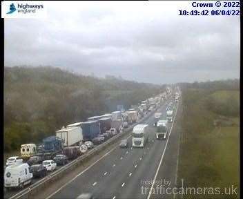 Queuing traffic on the M20 on the approach to the start of Operation Brock at Junction 8 this morning. Picture: National Highways (55916648)