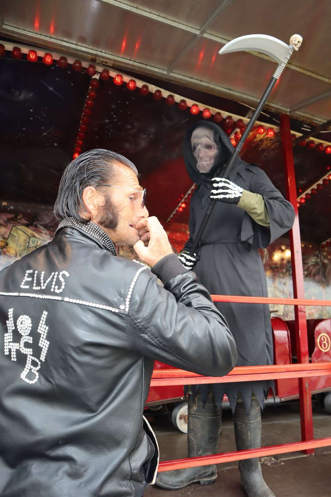 Elvis. Daniel Aylwin, and Death, Oscar Bennett, go head-to-head on the Graveyard Express ghost train at Leysdown, Sheppey